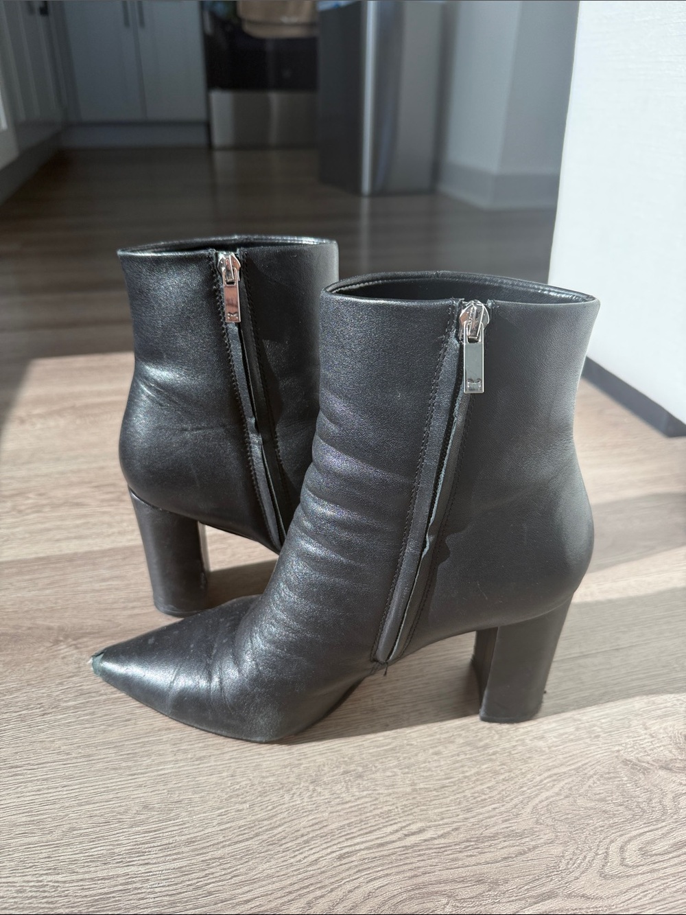 Marc Fisher Black Leather Pointed-Toe Ankle Boots with Side Zip